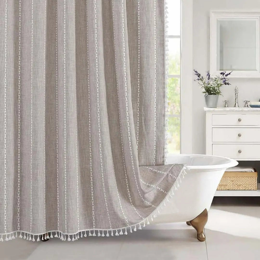 LINENCOVE Bohemian Waterproof Linen Shower Curtain with Tassels - Stylish & Durable Bathroom Decor