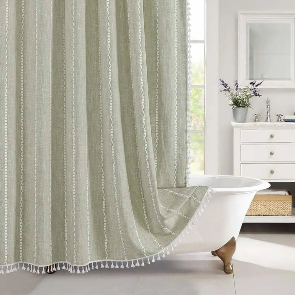 LINENCOVE Bohemian Waterproof Linen Shower Curtain with Tassels - Stylish & Durable Bathroom Decor