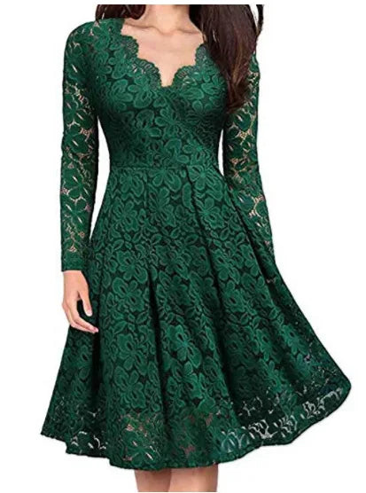 Elegant Long Sleeve Lace Dress with Slash Neck - Perfect for Special Occasions