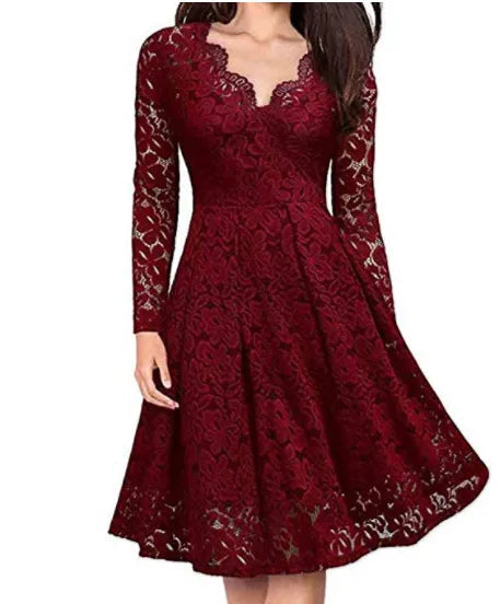 Elegant Long Sleeve Lace Dress with Slash Neck - Perfect for Special Occasions