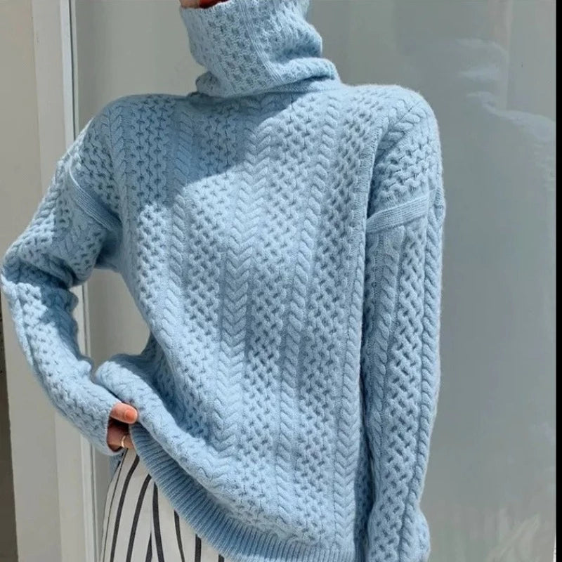Luxury Cashmere Turtleneck with Checkered Pattern - Celeste