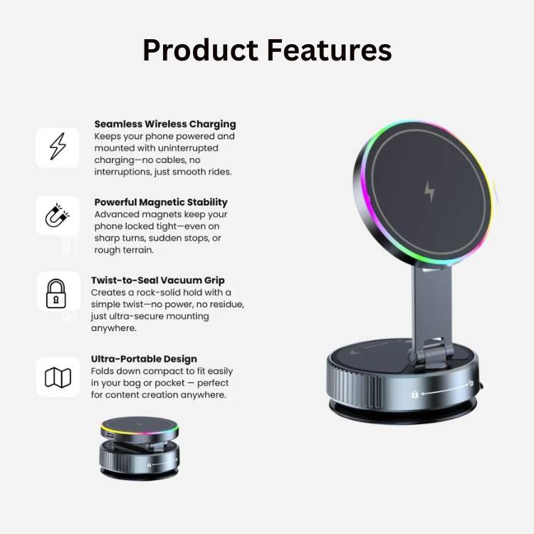 Magnetic Car Phone Mount – 15W Wireless Charging, MagSafe & 360° Rotation