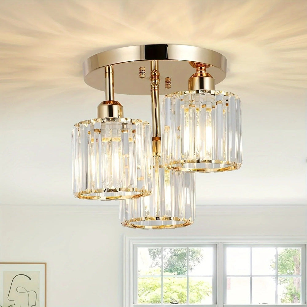 Modern Gold Luxury Crystal Ceiling Light | 3-Light Semi Flush Mount