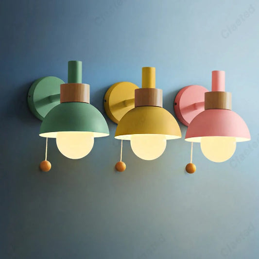 Wood Accent Wall Lamp – Nordic Style, Minimalist Design & Pull-Switch Light