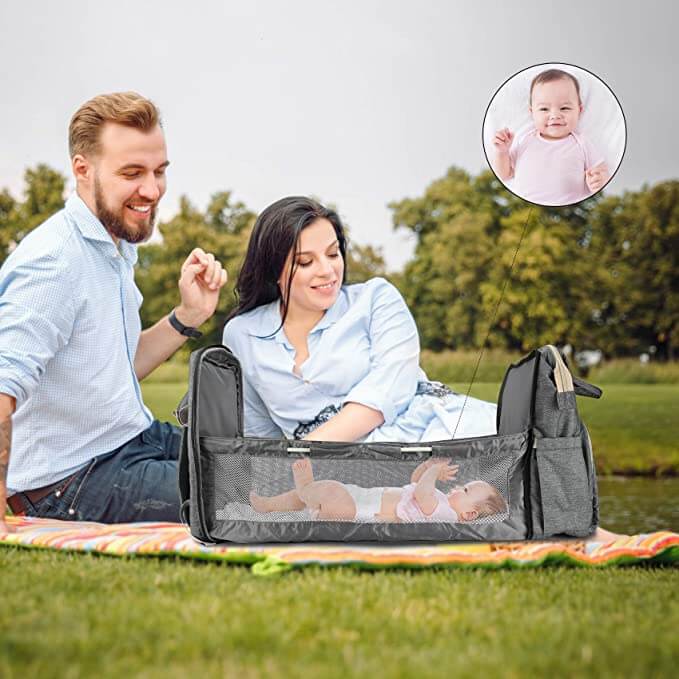 Enhanced Product Title:  
"Convertible Baby Diaper Backpack with Foldable Bassinet | Waterproof Multi-Pocket Design for Ultimate Convenience"  

This title is optimized for clarity and includes relevant keywords that potential customers might search for,