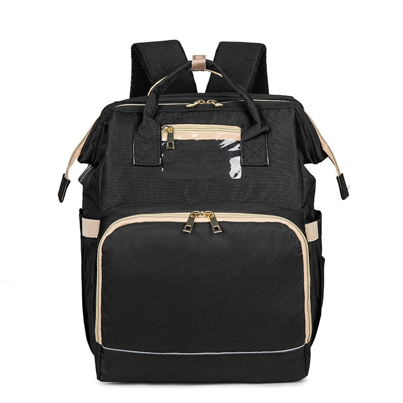 Enhanced Product Title:  
"Convertible Baby Diaper Backpack with Foldable Bassinet | Waterproof Multi-Pocket Design for Ultimate Convenience"  

This title is optimized for clarity and includes relevant keywords that potential customers might search for,