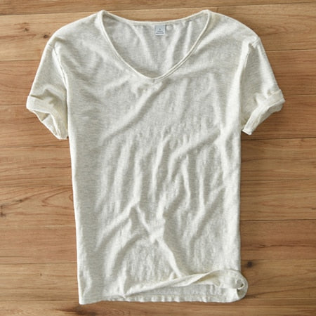 Men's V-Neck Linen Cotton Blend Shirt - Breathable Casual Summer Top