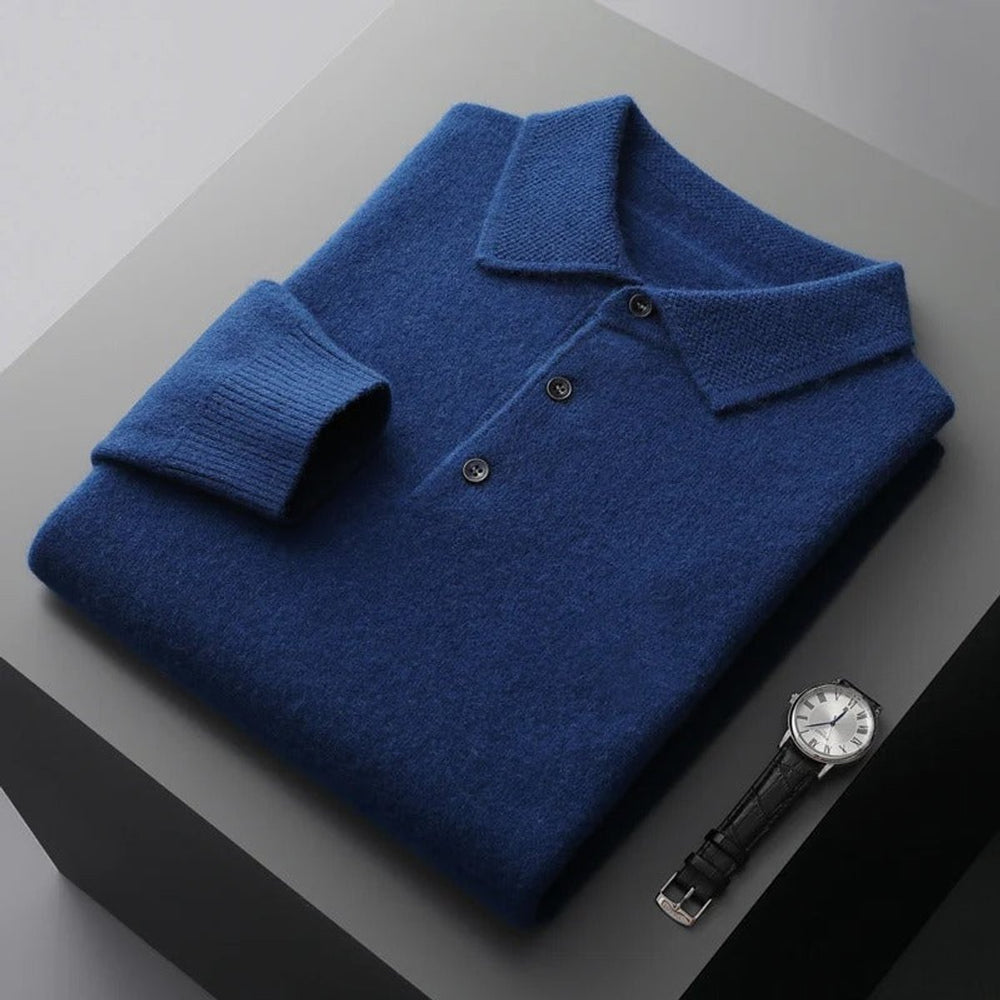 James | Men's Cashmere Polo Knit Sweater Long Sleeve Button Collar Pullover