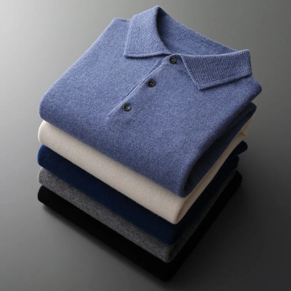 James | Men's Cashmere Polo Knit Sweater Long Sleeve Button Collar Pullover