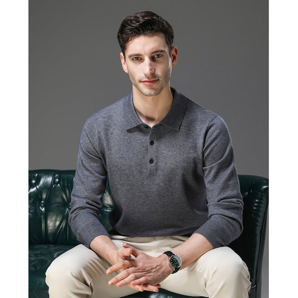 James | Men's Cashmere Polo Knit Sweater Long Sleeve Button Collar Pullover