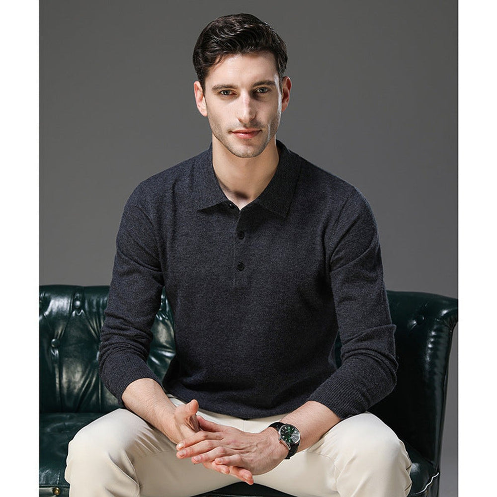 James | Men's Cashmere Polo Knit Sweater Long Sleeve Button Collar Pullover