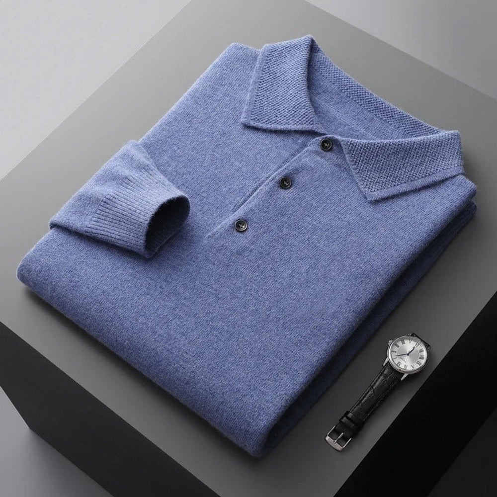 James | Men's Cashmere Polo Knit Sweater Long Sleeve Button Collar Pullover