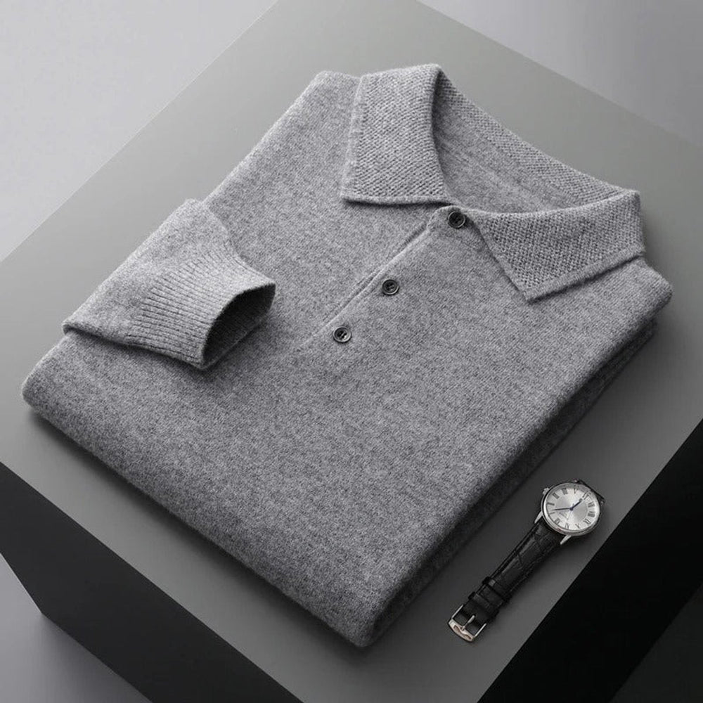 James | Men's Cashmere Polo Knit Sweater Long Sleeve Button Collar Pullover
