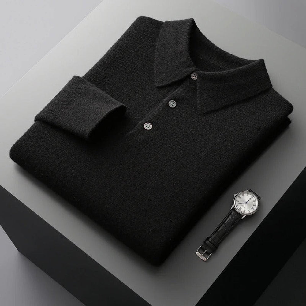 James | Men's Cashmere Polo Knit Sweater Long Sleeve Button Collar Pullover