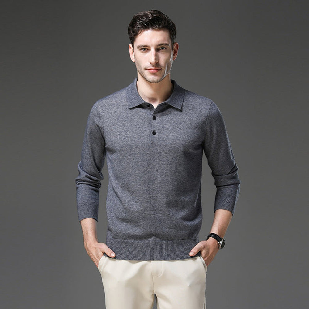 James | Men's Cashmere Polo Knit Sweater Long Sleeve Button Collar Pullover