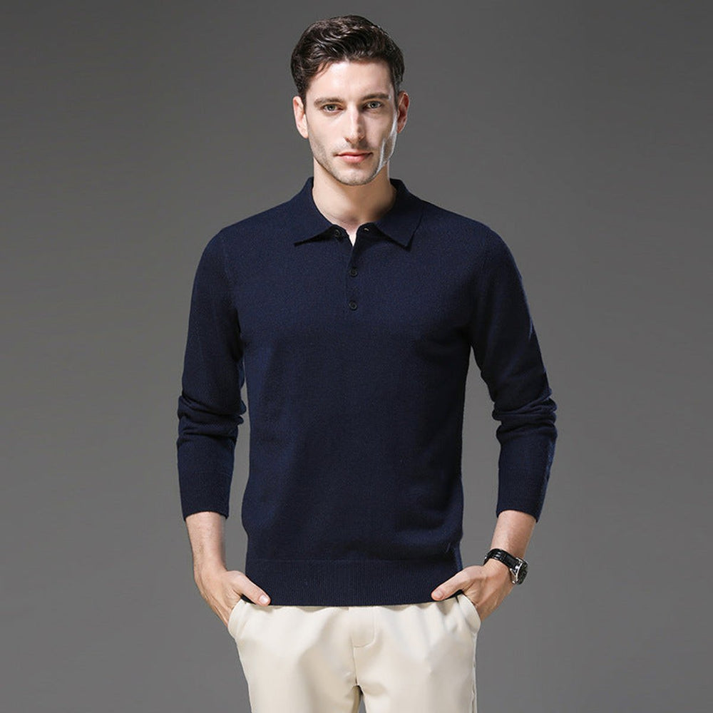 James | Men's Cashmere Polo Knit Sweater Long Sleeve Button Collar Pullover