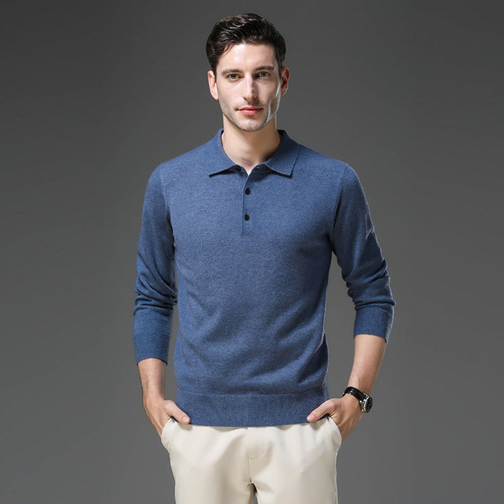 James | Men's Cashmere Polo Knit Sweater Long Sleeve Button Collar Pullover