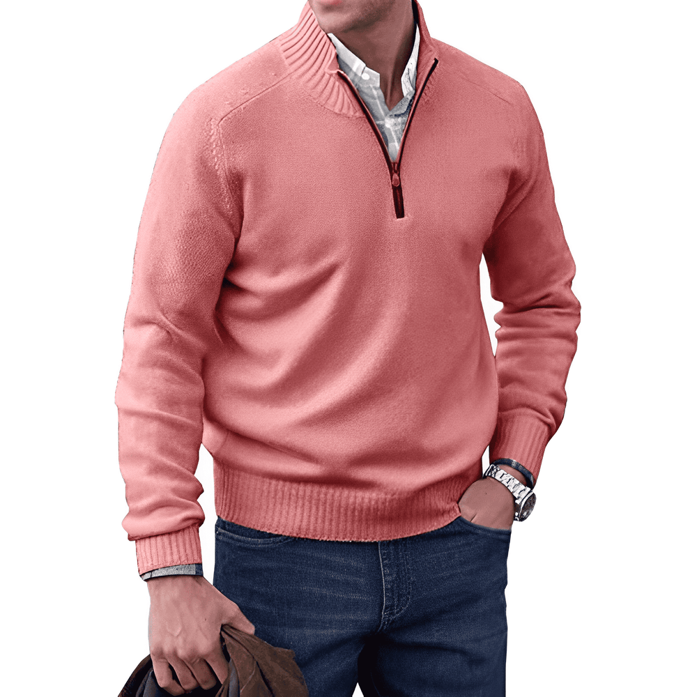 Men's Casual Knit Sweater with Half-Zip Collar and Ribbed Trim
