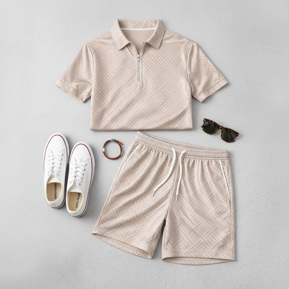 Men's Summer Polo & Shorts Set – Breathable, Modern Fit & Zip Detail