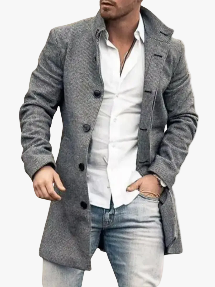 Men's Classic Twill Overcoat with Notch Lapels and Button Closure