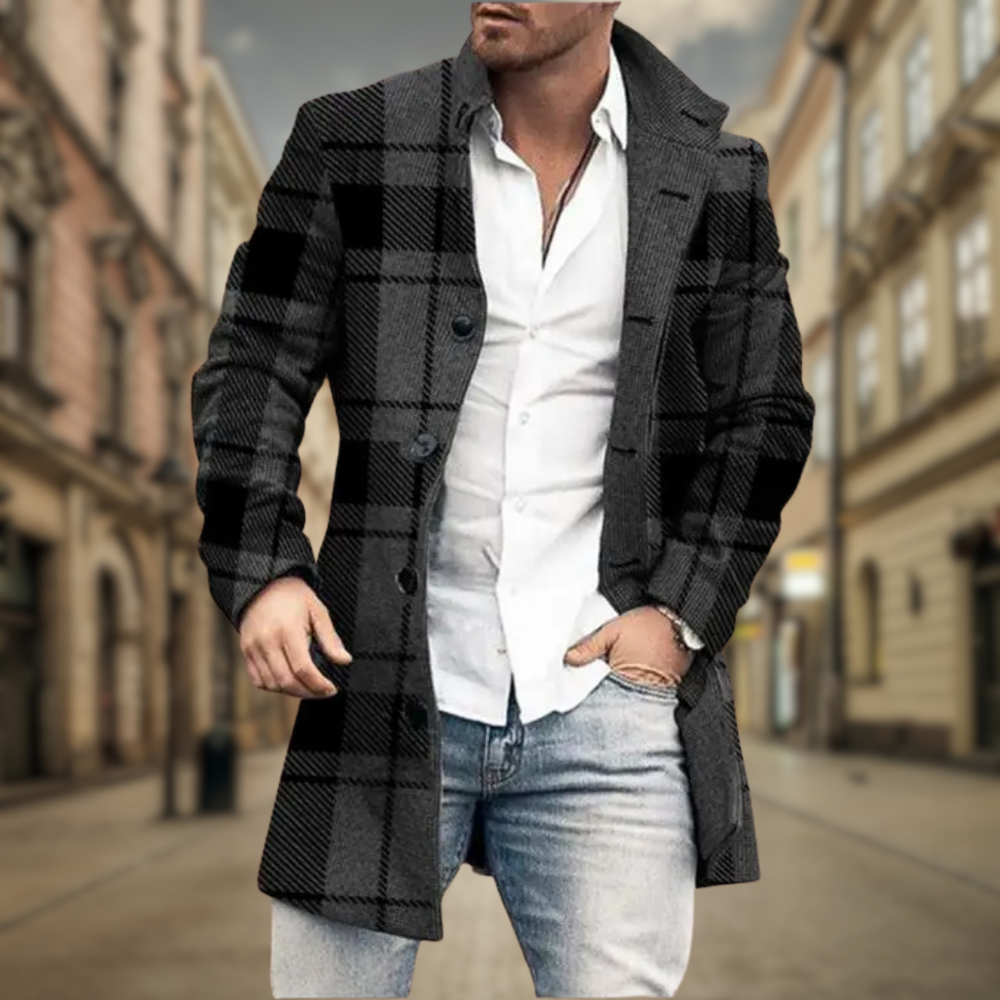 Men's Classic Twill Overcoat with Notch Lapels and Button Closure