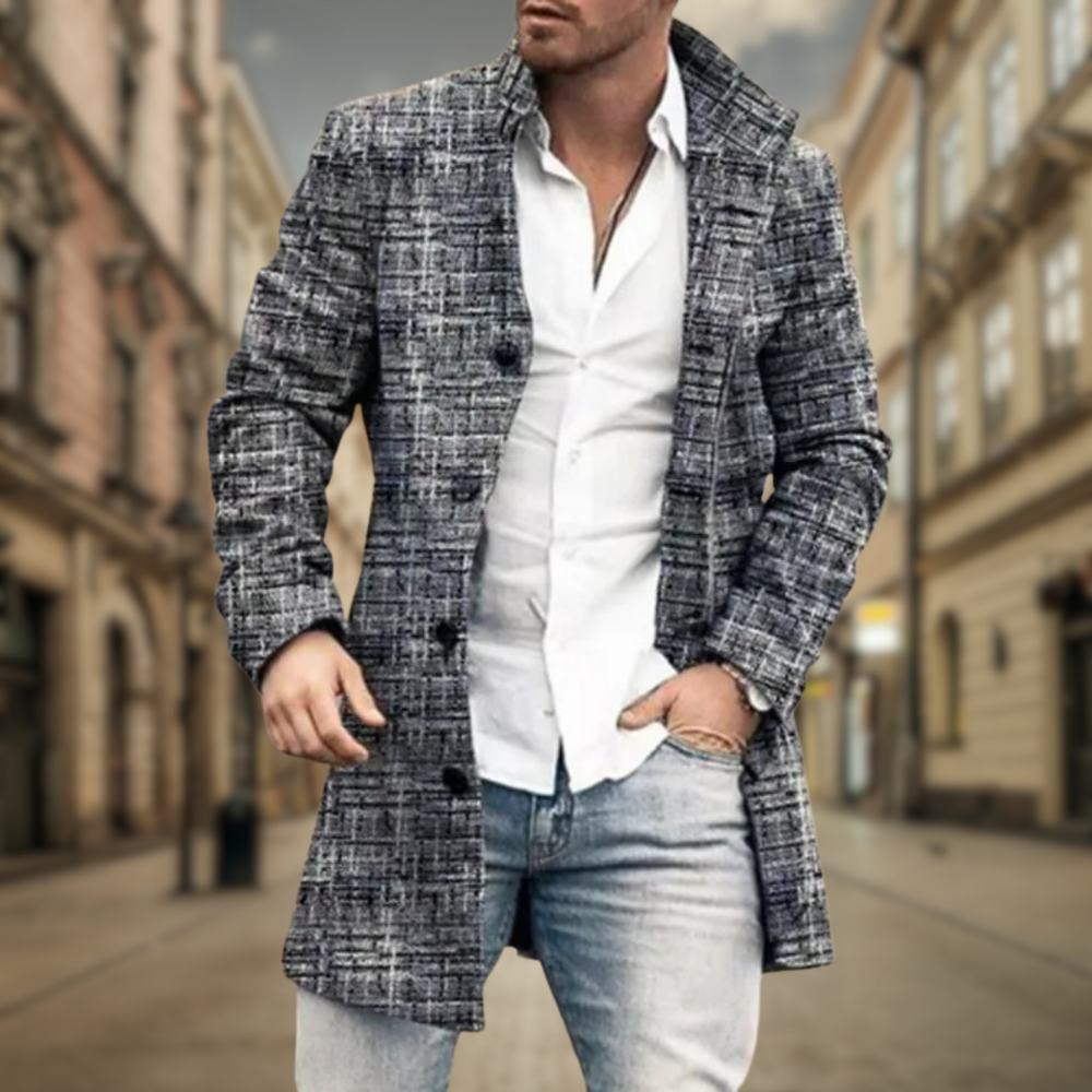 Men's Classic Twill Overcoat with Notch Lapels and Button Closure