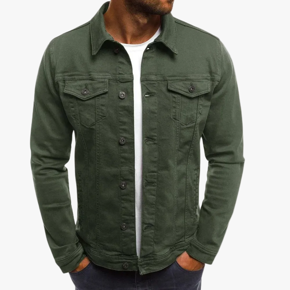 Men's Denim Trucker Jacket with Button Front and Flap Pockets
