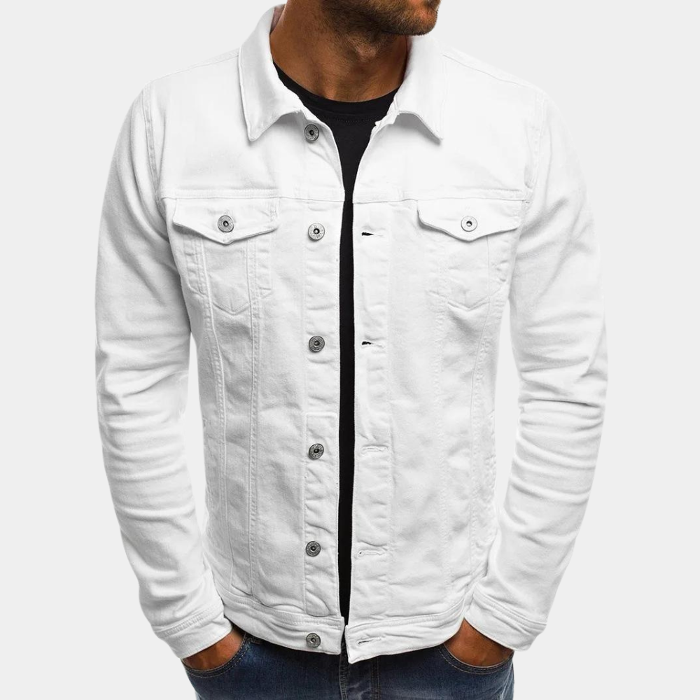 Men's Denim Trucker Jacket with Button Front and Flap Pockets