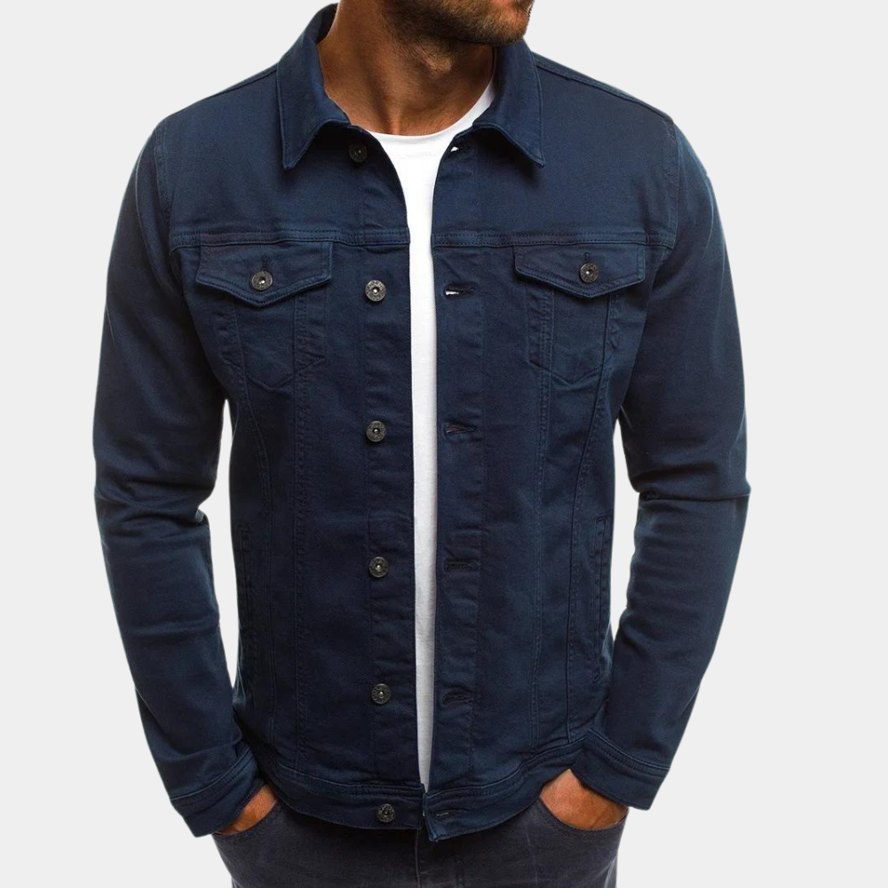 Men's Denim Trucker Jacket with Button Front and Flap Pockets