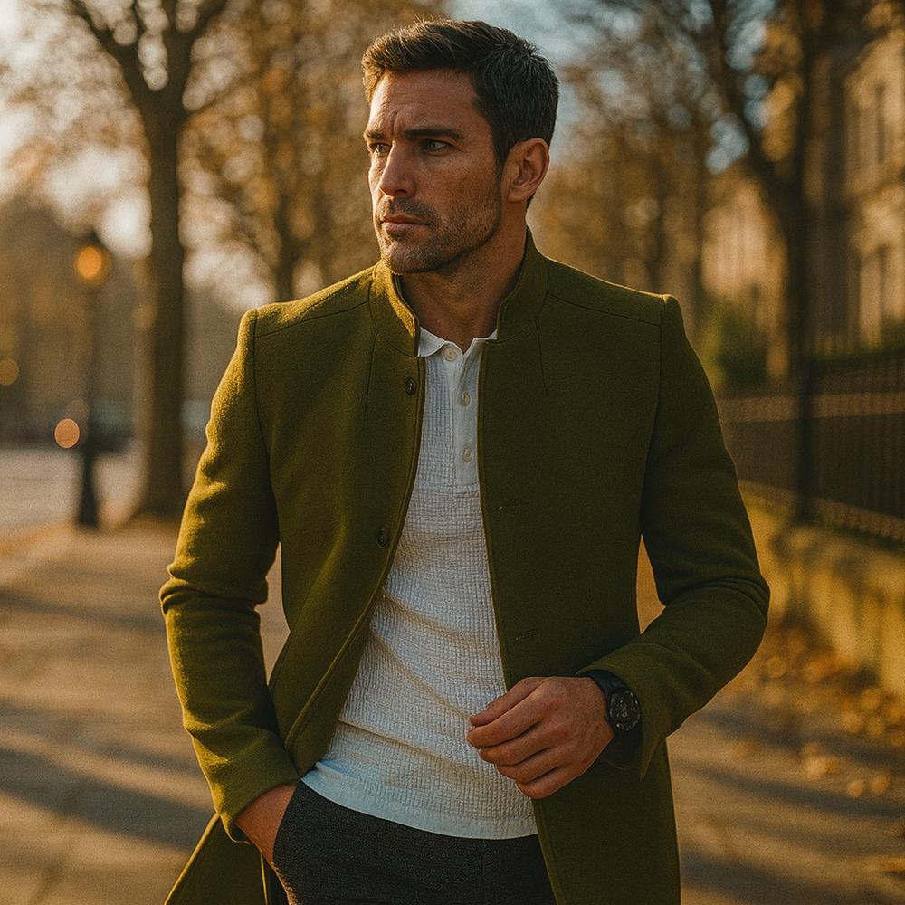 Men's Felted Blazer with Stand Collar and Button Front
