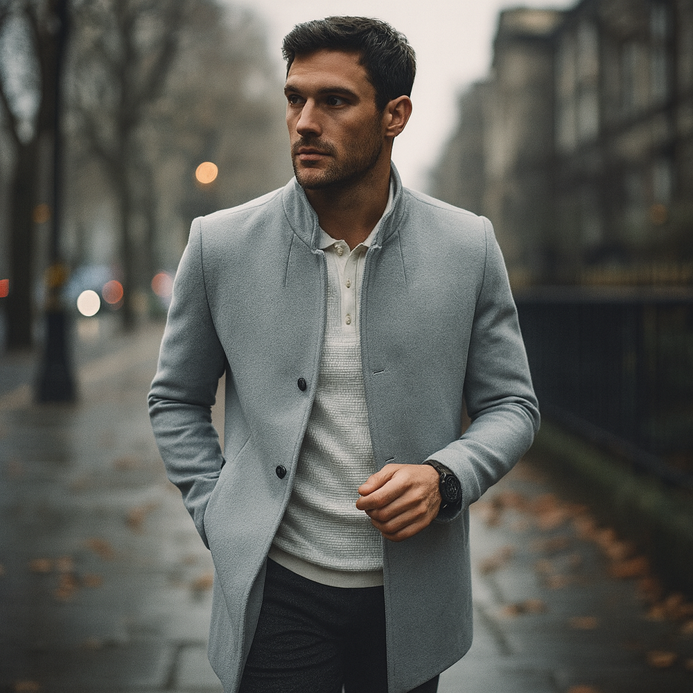 Men's Felted Blazer with Stand Collar and Button Front