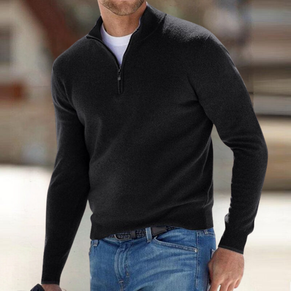 Men's Fine Knit Sweater with Quarter Zip and Stand Collar