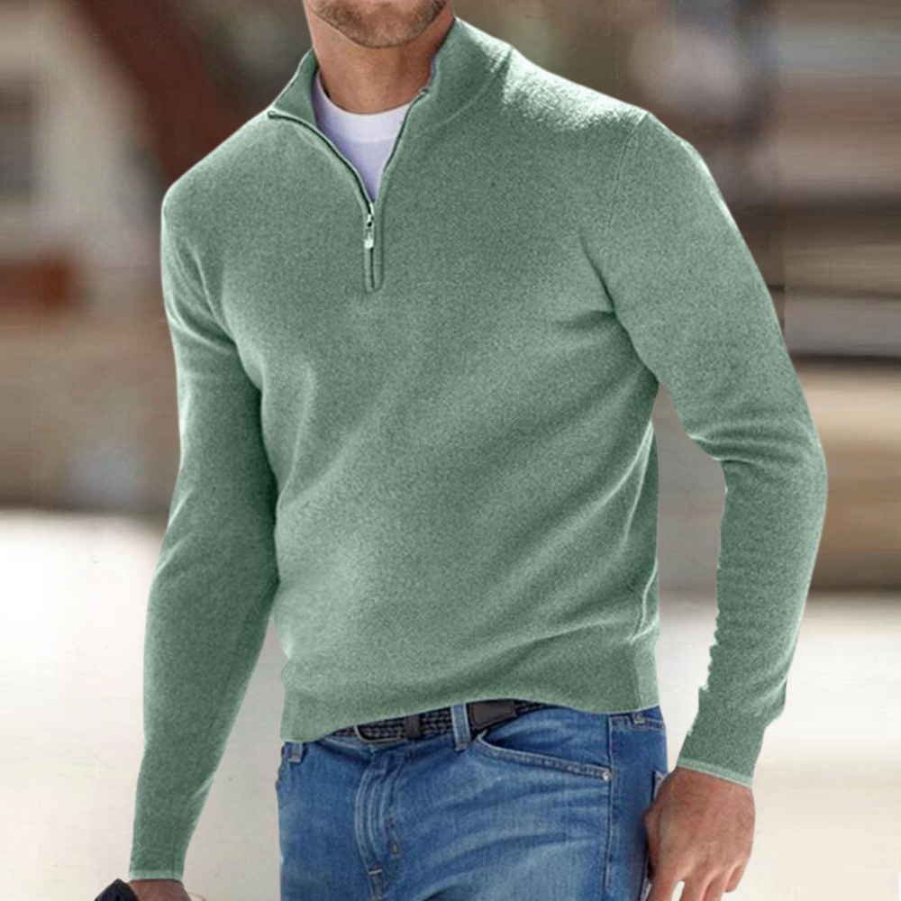 Men's Fine Knit Sweater with Quarter Zip and Stand Collar