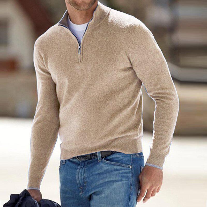 Men's Fine Knit Sweater with Quarter Zip and Stand Collar