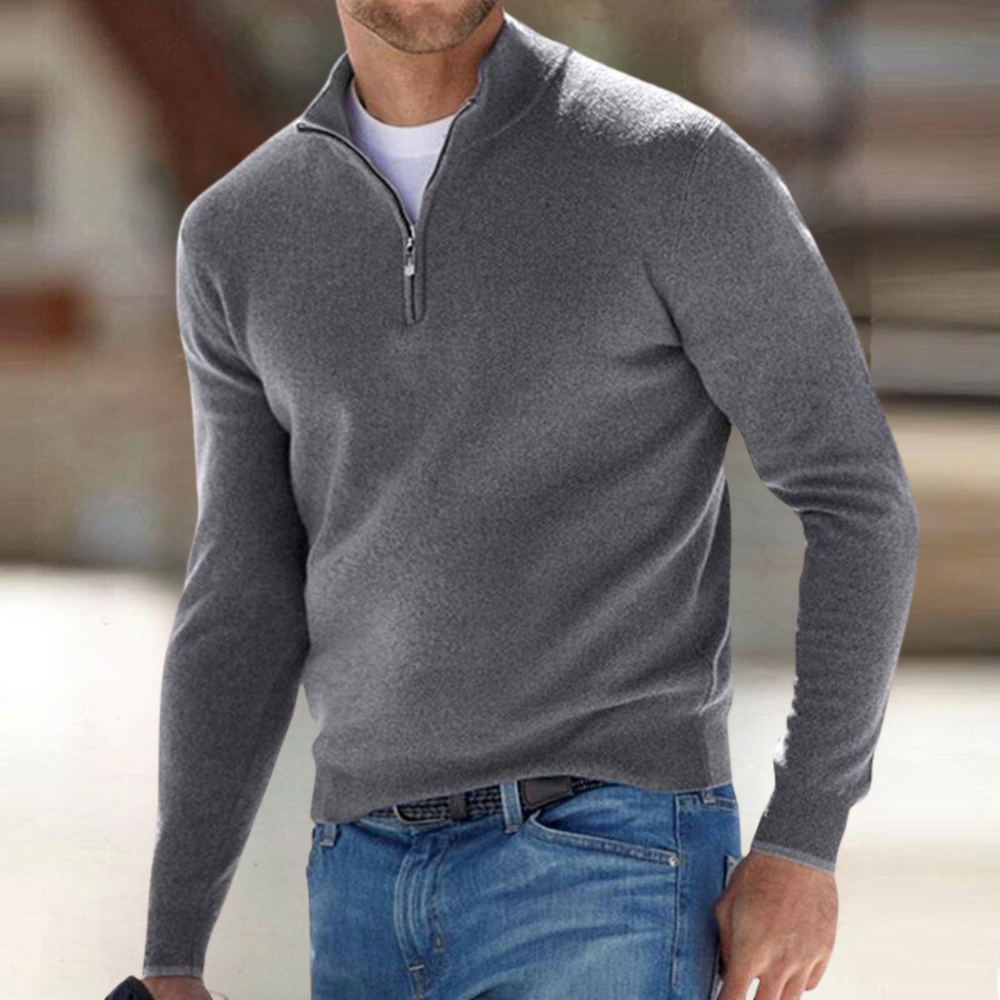 Men's Fine Knit Sweater with Quarter Zip and Stand Collar
