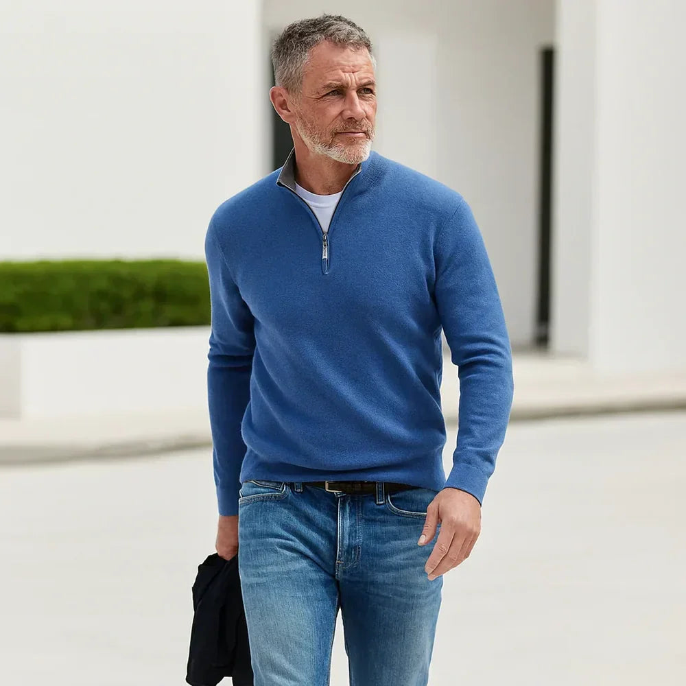 Men's Fine Knit Sweater with Quarter Zip and Stand Collar