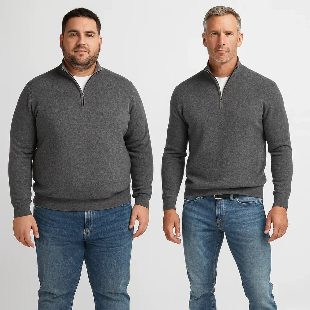 Men's Fine Knit Sweater with Quarter Zip and Stand Collar