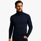 Men's Fine-Knit Turtleneck Sweater with Ribbed Collar and Hem