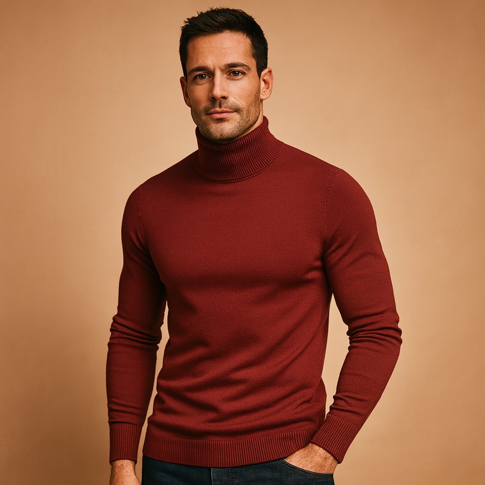 Men's Fine-Knit Turtleneck Sweater with Ribbed Collar and Hem