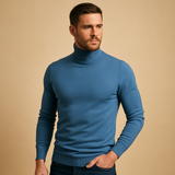 Men's Fine-Knit Turtleneck Sweater with Ribbed Collar and Hem