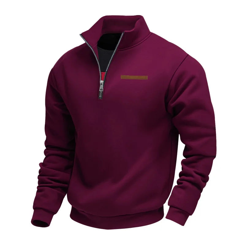 Men's Fleece Pullover Sweater with Quarter Zip and Stand Collar