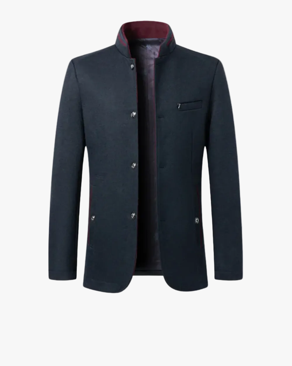 Men's Formal Woven Blazer with Stand Collar and Button Front
