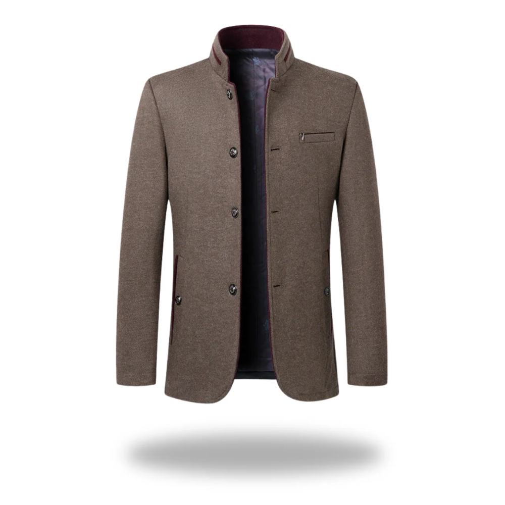 Men's Formal Woven Blazer with Stand Collar and Button Front