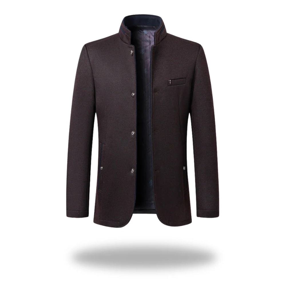 Men's Formal Woven Blazer with Stand Collar and Button Front
