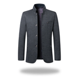 Men's Formal Woven Blazer with Stand Collar and Button Front