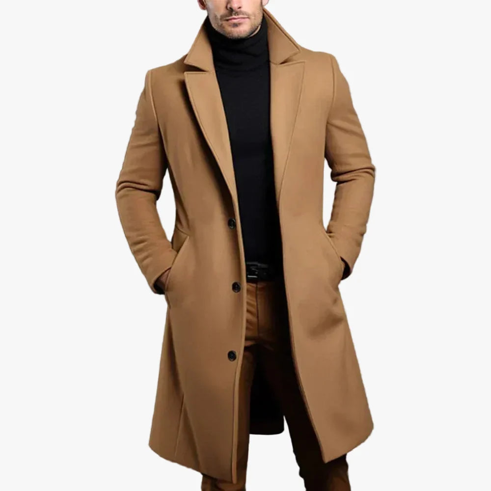 Men's Formal Woven Long Coat with Notched Lapel and Pockets