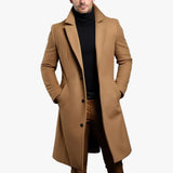 Men's Formal Woven Long Coat with Notched Lapel and Pockets
