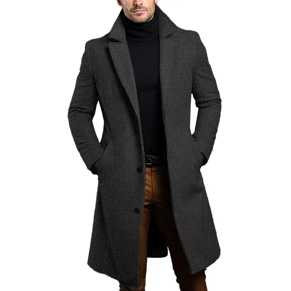 Men's Formal Woven Long Coat with Notched Lapel and Pockets