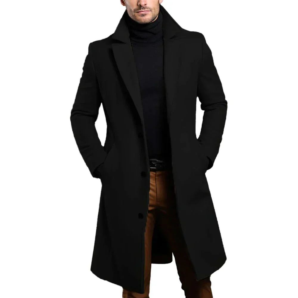 Men's Formal Woven Long Coat with Notched Lapel and Pockets
