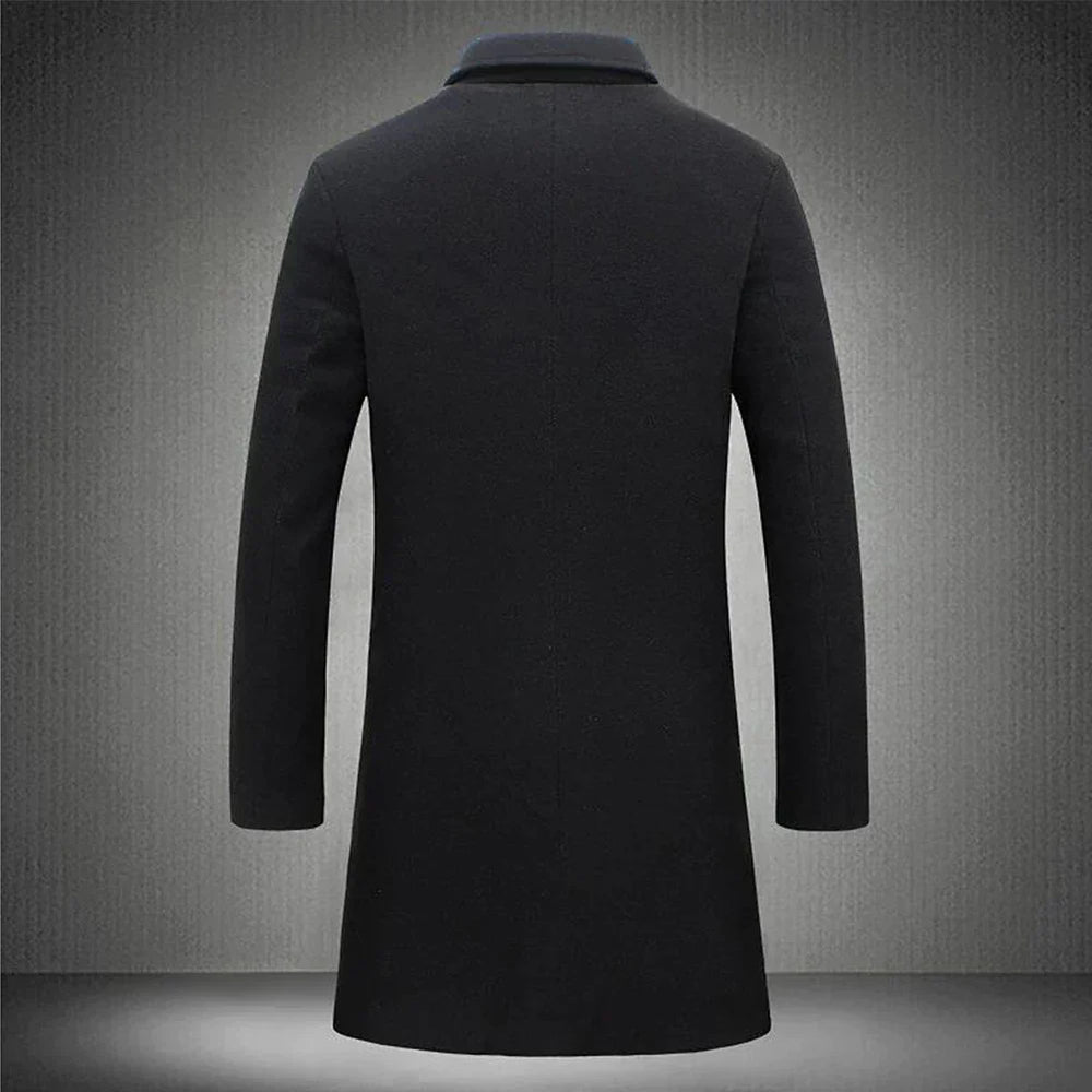Men's Formal Woven Long Coat with Notched Lapel and Pockets
